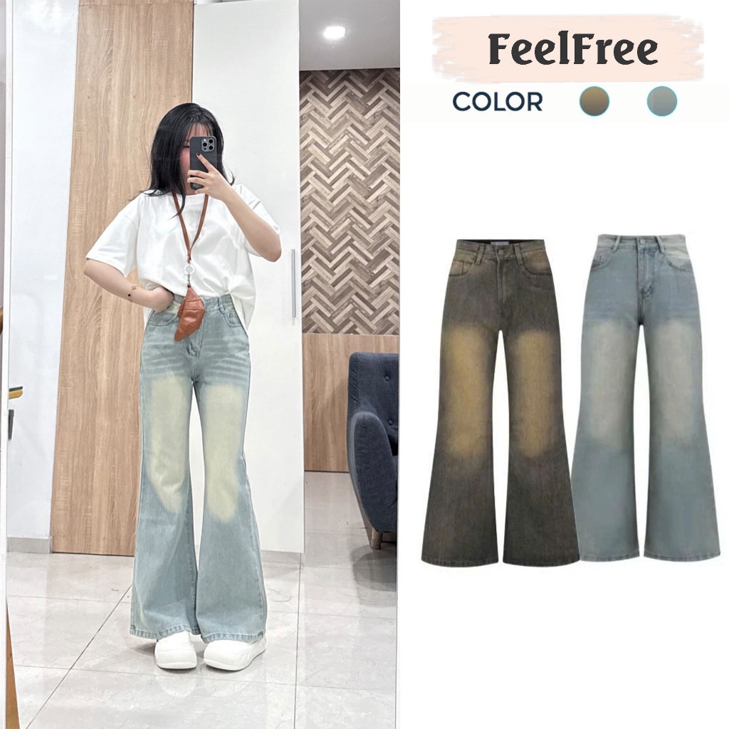 (Ảnh Thật Feelfree) Quần Jean Ống Loe Chất Liệu Không Co Giãn Màu Retro Nữ Women Pants Ong QJ40
