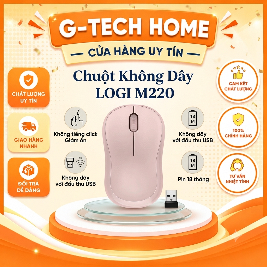 (BH-12TH) Chuột Không Dây LOGI M220  Hồng Silent  - Giảm Ồn 90%, USB, Tặng Pin, Phù Hợp PC/Laptop