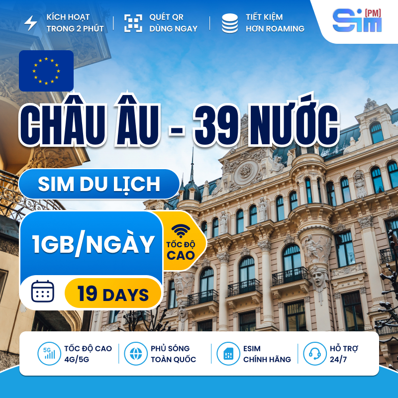 Sim du lịch Châu Âu 39 nước 19 ngày 1GB/ngày tốc độ cao
