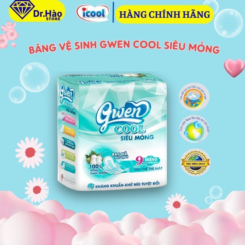 Băng Vệ Sinh Gwen Cool Mặt Vải Có Bạc Hà Mát Lạnh 9 Miếng/Gói