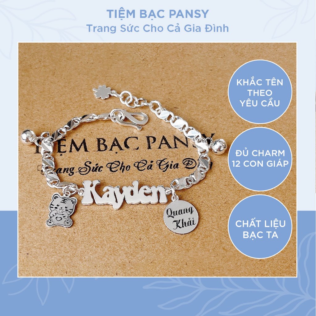 Lắc bạc ta cho bé khắc tên PANSY - Lắc bạc trẻ em dây mắt mèo phay mix chuông cao cấp