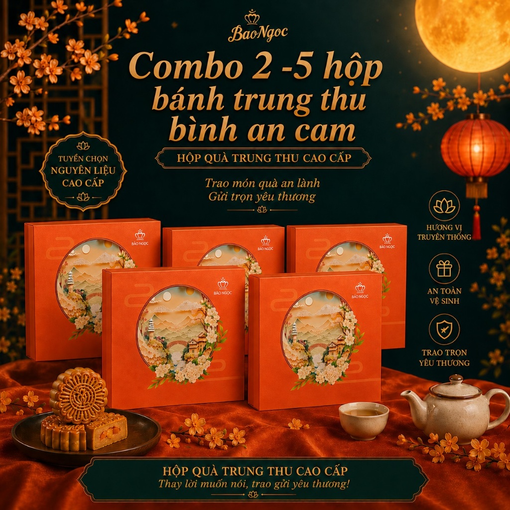 Combo 2-5 hộp 4 bánh trung thu cao cấp Bình An Bảo Ngọc 80g/bánh
