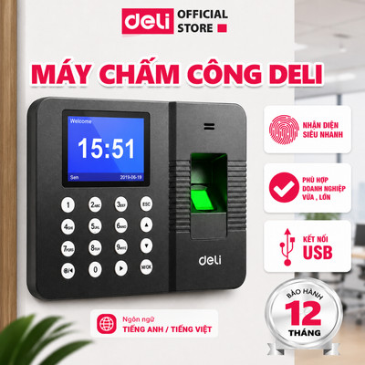 Máy Chấm Công DELI Máy Chấm Công Vân Tay Máy Chấm Công Khuôn Mặt Face ID Có Tiếng Việt Báo Cáo File Excel
