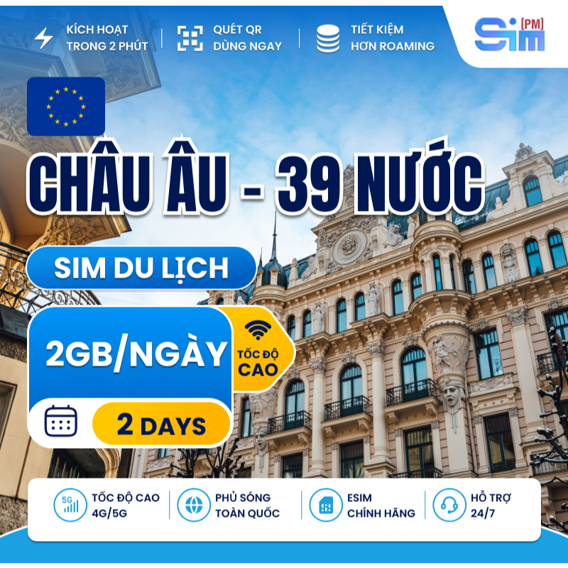 Sim du lịch Châu Âu 39 nước 2 ngày 2GB/ngày tốc độ cao