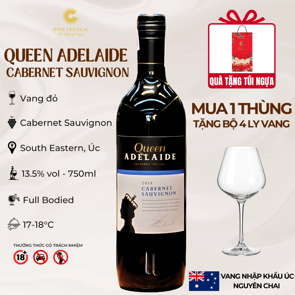 [Chính Hãng] - Rượu Vang Đỏ Úc Queen Adelaide Cabernet Sauvignon 750ml (13,5%) - WINE CENTRAL