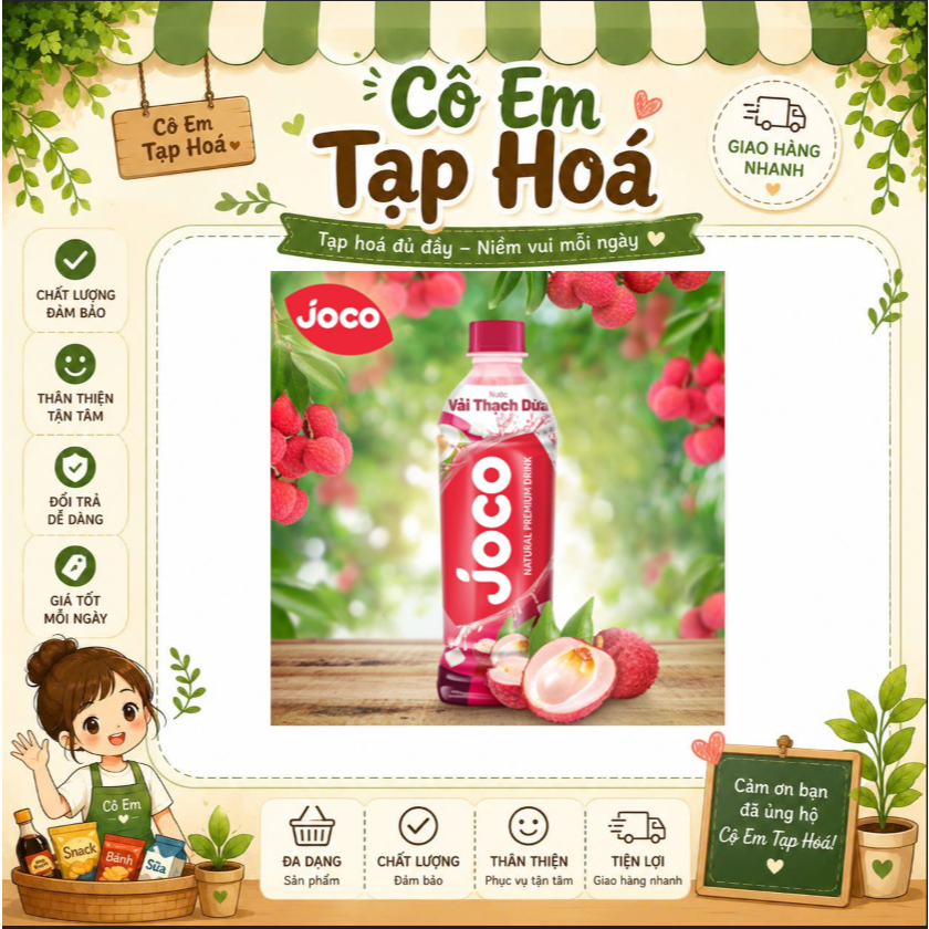 [CHÍNH HÃNG] Nước Trái Cây Joco Thạch Dừa Vị Vải Chai 450ml - Thơm Ngon, Tươi Mát, Topping Dai Giòn