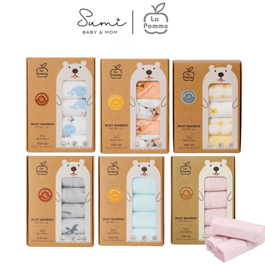 Set 5 Khăn sữa sợi tre lụa (30x30) LaPomme hàng chính hãng cho trẻ sơ sinh La pomme, Sumi Baby
