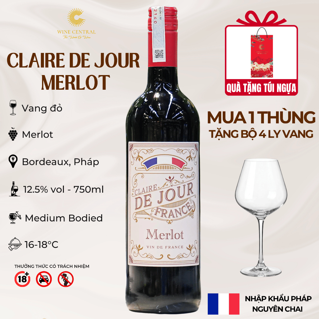 [Chính Hãng] - Rượu Vang Đỏ Pháp Claire De Jour Merlot 750ml (12,5%) - Vang Nhập Khẩu WINE CENTRAL