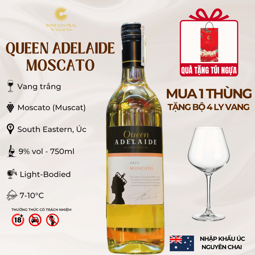 [Chính Hãng] - Rượu Vang Trắng Úc Queen Adelaide Moscato 750ml (9%) - Vang Nhập Khẩu WINE CENTRAL