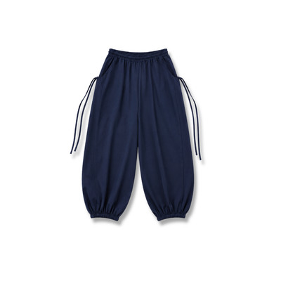 TUBYCATU Quần Dài Nữ Ống Rộng Bo Gấu Navy Bloom Lưng Thun Tôn Dáng