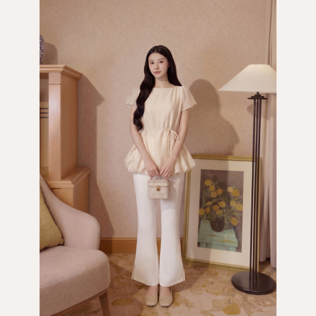Áo kiểu nữ cổ thuyền tay ngắn dáng bí thắt eo, phong cách tiểu thư cao cấp Linly Store A-KIE41 | BigBuy360 - bigbuy360.vn