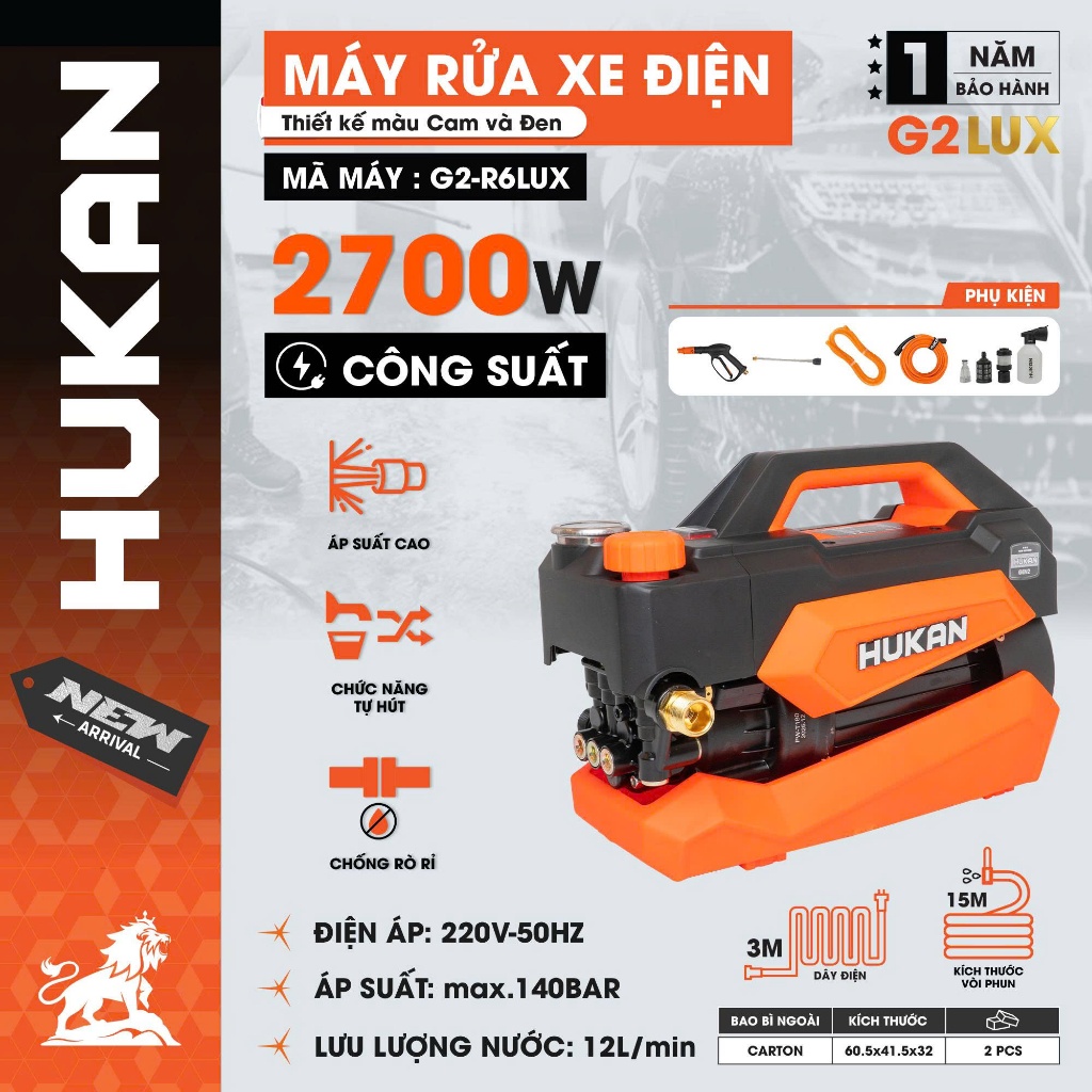 Máy Rửa Xe Điện Hukan (GEN2) G2-R6LUX | Có Chỉnh Áp- Lõi Đồng | Công Suất 2700W | Mạnh Mẽ, Xịt Rửa S