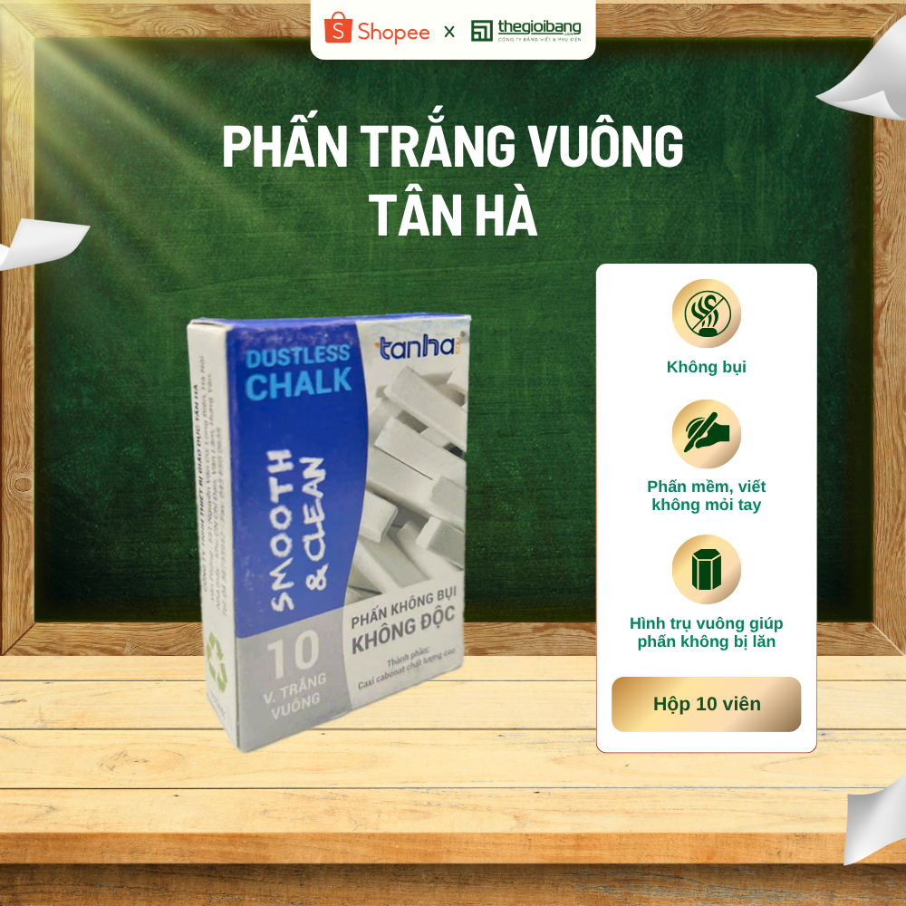 Phấn trắng vuông Tân Hà - Hộp 10 thanh dành cho bảng từ xanh