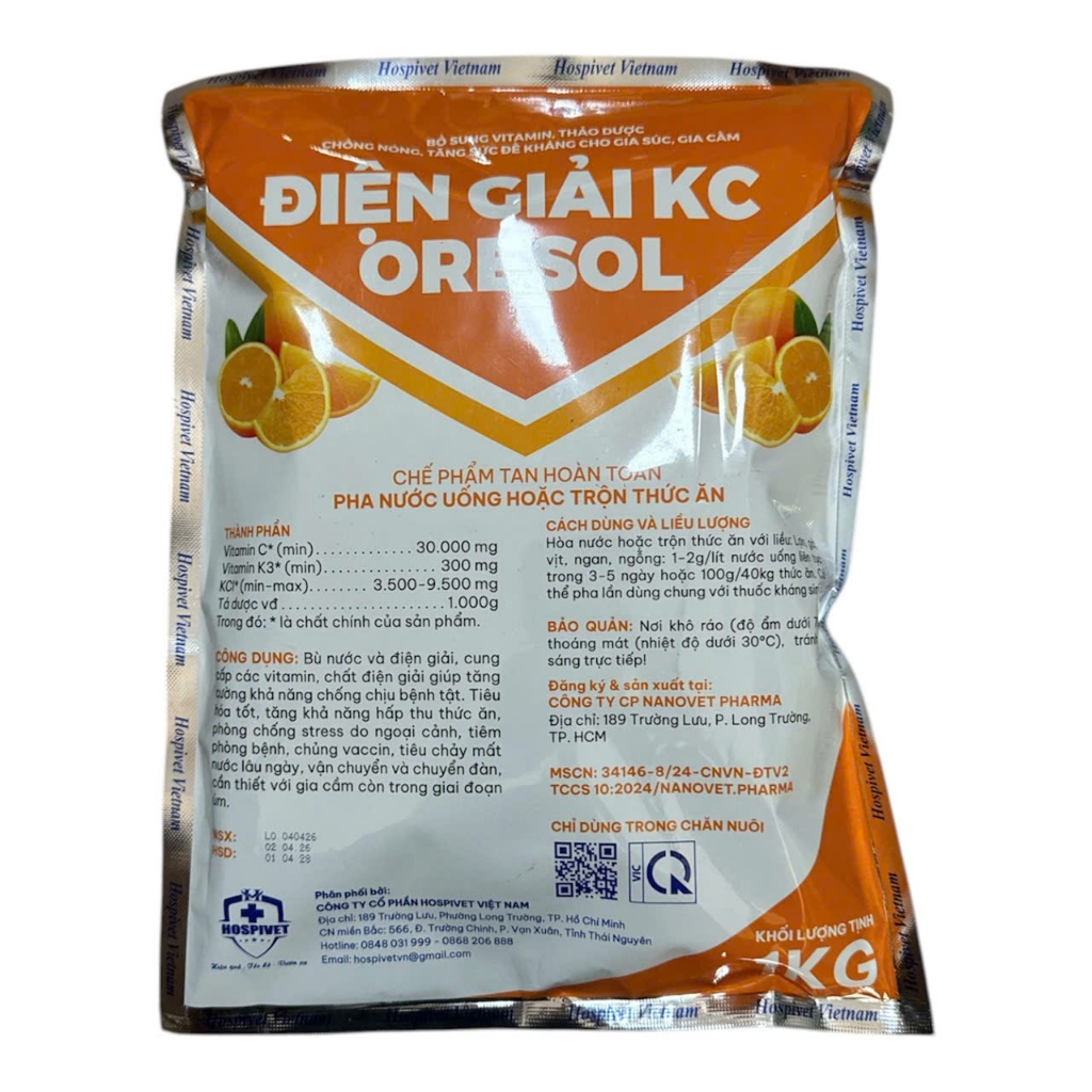 ĐIỆN GIẢI OREZOL 1KG hospivet giải nhiệt chống nóng chống mất nước mùa hè cho gia súc gia cầm