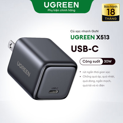 Củ sạc nhanh GaN 30W UGREEN X513 – Bộ sạc PD 1 cổng USB-C, Tương thích iPhone 15/14/13, Samsung, MacBook Air, Pixel
