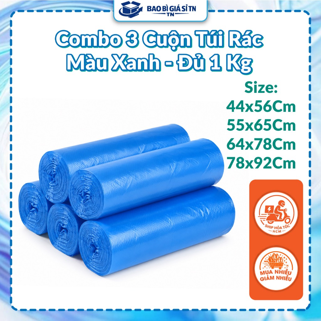 Túi Rác Cuộn Xanh - Túi Rác Cuộn Tự Phân Hủy Màu Xanh Dương (Lốc 3 Cuộn /1 Kg) - Túi Rác Tiết Kiệm -