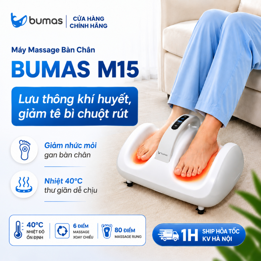 Máy Massage Bàn Chân BUMAS M15 - Massage Rung Bấm Huyệt Xoa Bóp Giảm Đau Gan Bàn Chân, Gót Chân