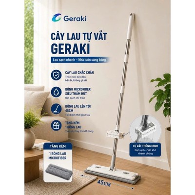 Cây lau nhà tự vắt Geraki 45cm – bàn lau lớn, xoay 360°, kèm bông lau thay thế, lau khô nhanh