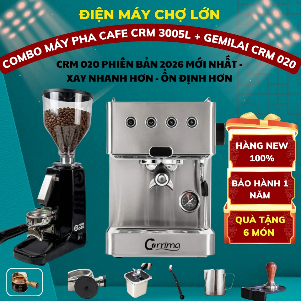ComBo Máy Pha Cà Phê 3005L kem máy xay Gemilai CRM 020 Phiên bản mới nhất 2026