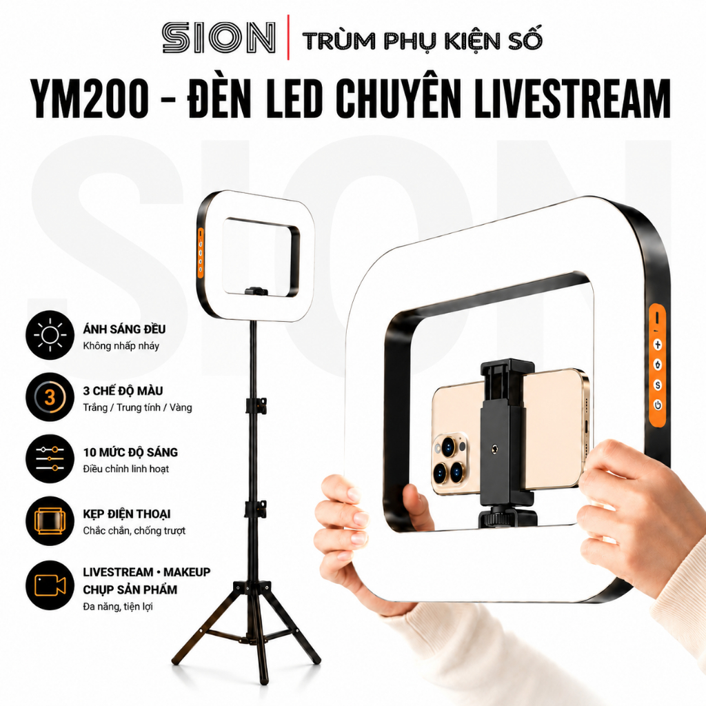 Đèn Livestream YM200 20W - Đèn LED Trợ Sáng tích hợp pin Quay Video,  Chụp Ảnh, Makeup, Chụp Sản Phẩ