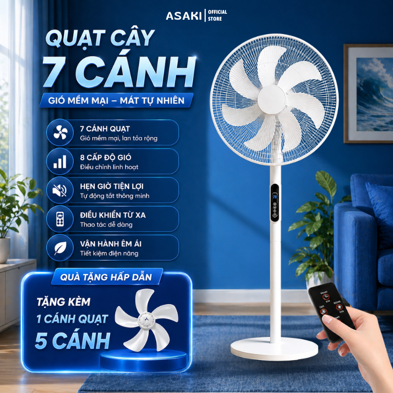 Quạt Cây Đứng ASAKI 8 Cấp Độ Gió Siêu Mát Dễ Chịu Cho Mùa Hè Có Điều Khiển Từ Xa Hẹn Giờ Thông Minh | BigBuy360 - bigbuy360.vn