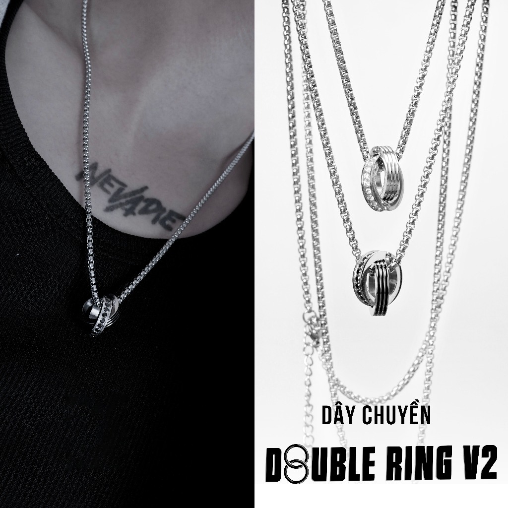 Dây chuyền ODIN Double Ring V2-Phong cách hiện đại x sang trọng-Đính đá CZ Trắng x Đen-Thép Titan 31