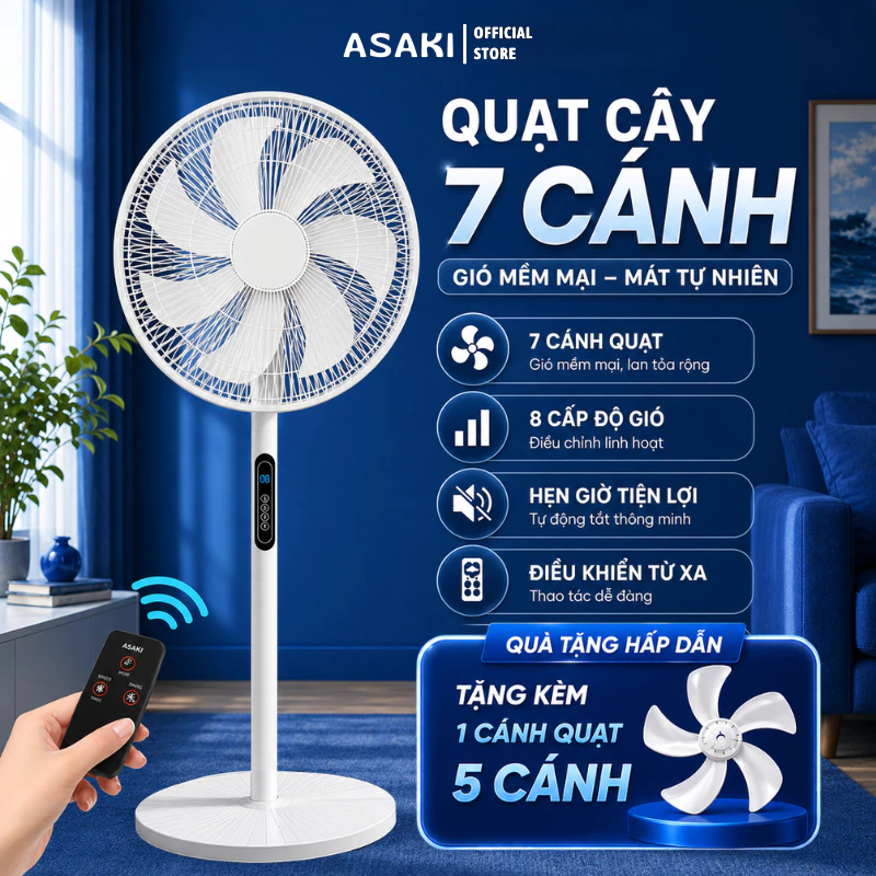 Quạt Cây Đứng Tiết Kiệm Điện ASAKI Công Suất Lớn 8 Cấp Độ Gió Có Điều Khiển Từ Xa