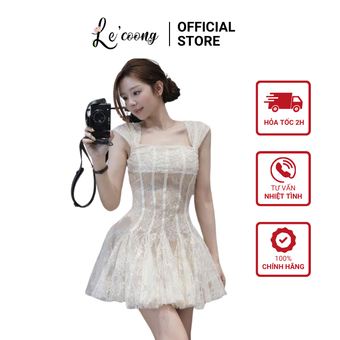 Váy Thiết kế Ren Form Xòe LECOONG V872 Váy Đẹp Màu Be Tay Nhỏ Tiểu Thư Sang Chảnh