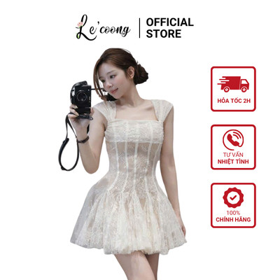 Váy Thiết kế Ren Form Xòe LECOONG V872 Váy Đẹp Màu Be Tay Nhỏ Tiểu Thư Sang Chảnh