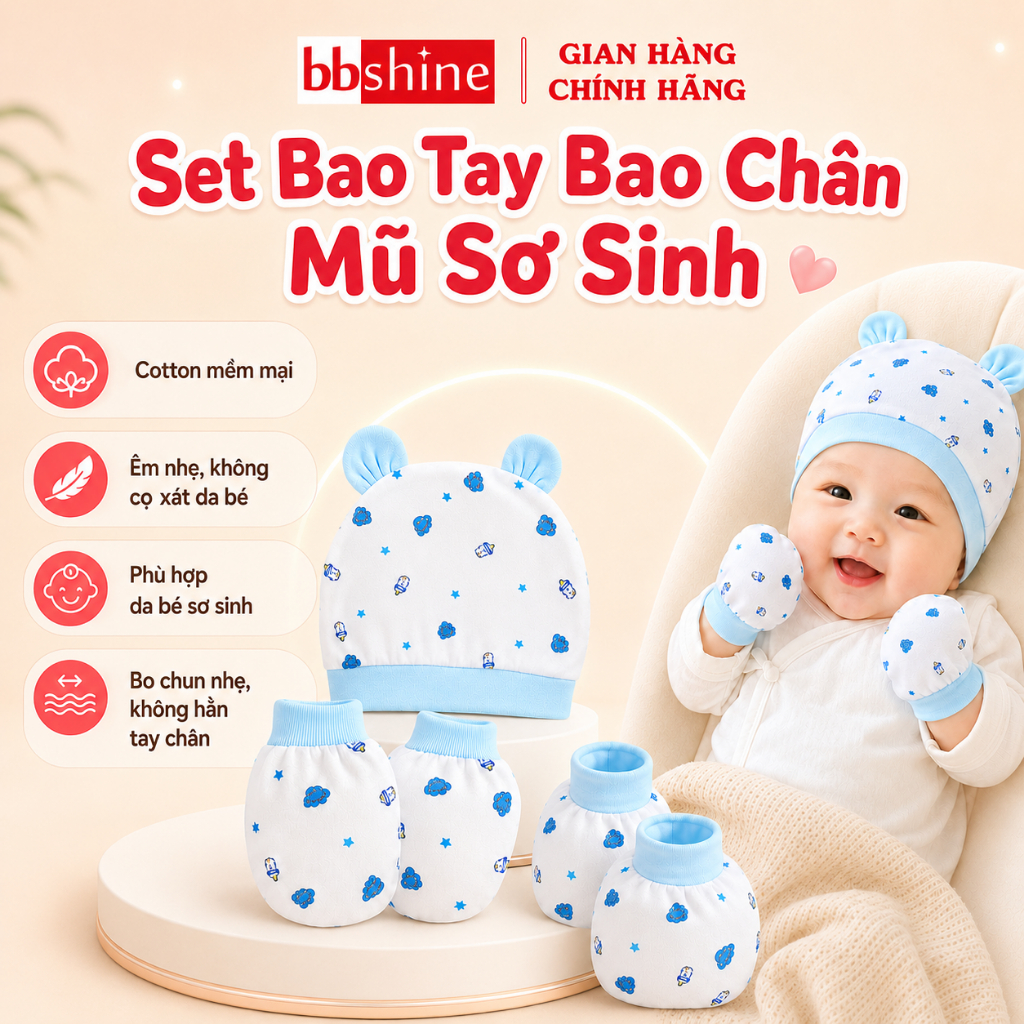 Set Bao Tay Bao Chân Mũ Sơ Sinh 5 Chi Tiết Nhiều Màu Chất Cotton Cao Cấp BBShine – SS037