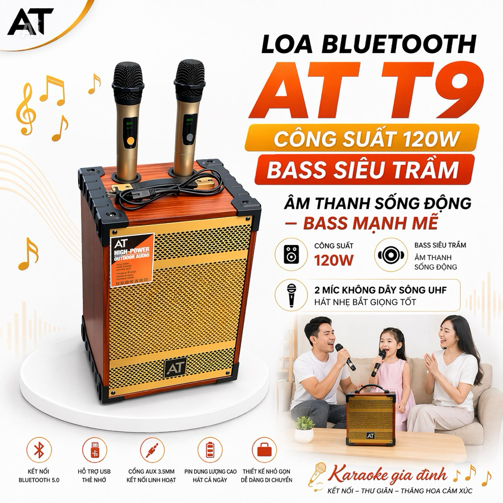 Loa Bluetooth AT T9 Công Suất 120W Bass Siêu Trầm, Âm Thanh Sống Động – Bass Mạnh Mẽ, Tay Cầm Chắc C