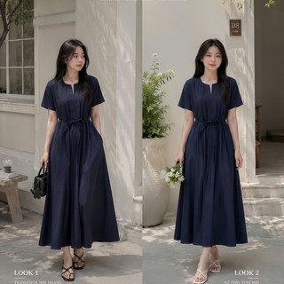Váy suông cổ tròn kèm dây buộc eo, váy nữ buộc dây siêu xinh Bazic One V12