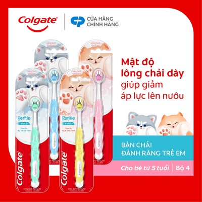 Bộ 4 Bàn chải Colgate cho bé 5+ tuổi Fluffy Paw họa tiết thú cưng đáng yêu, lông chải siêu mềm
