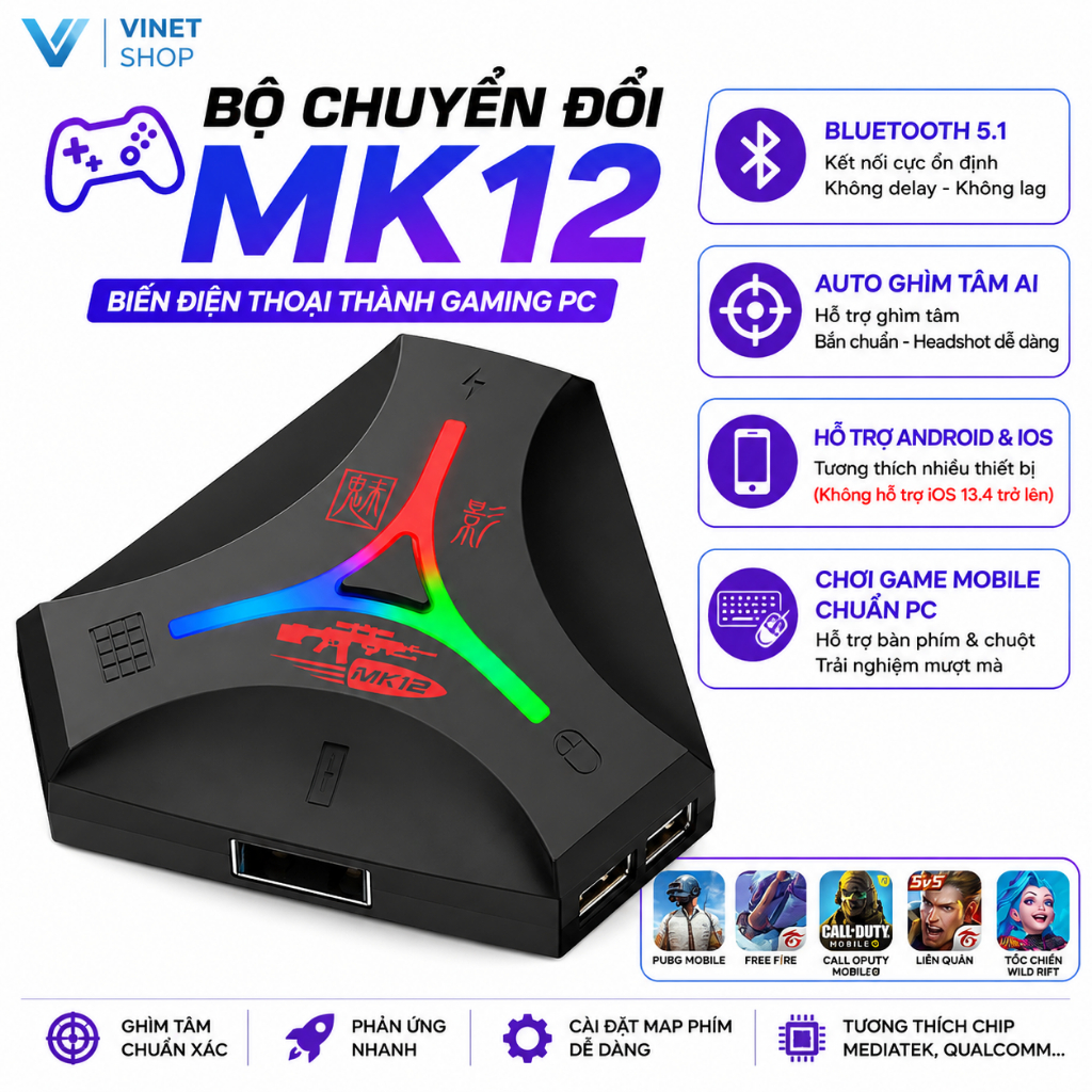 Bộ Chuyển Đổi Chơi Game Điện Thoại MK12, Biến Mobile Thành PC, Bluetooth 5.1, Hỗ Trợ PUBG Free Fire