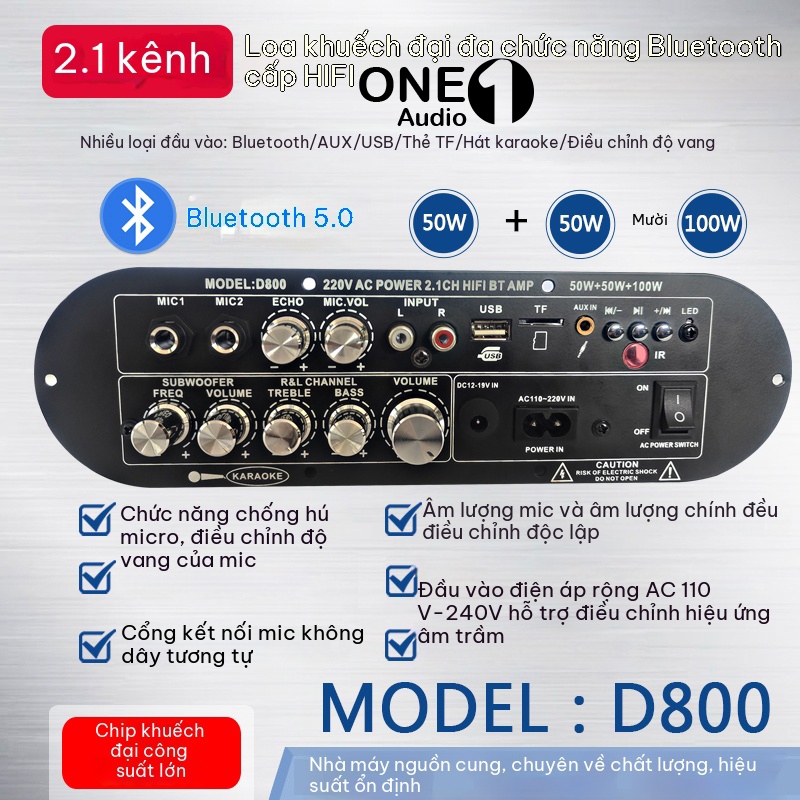 Amply D800 Bluetooth 5.0 2.1 kênh 200W, Mạch công suất Karaoke HIFI 50W+50W+100W, TWS, USB, TF, AUX,