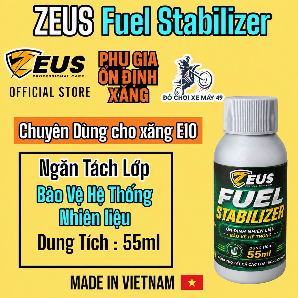 (HOT-Dùng cho Xăng E10 ) Dung dịch ổn định nhiên liệu ZEUS Fuel Stabilizer - 55ml - Made in Vietnam 