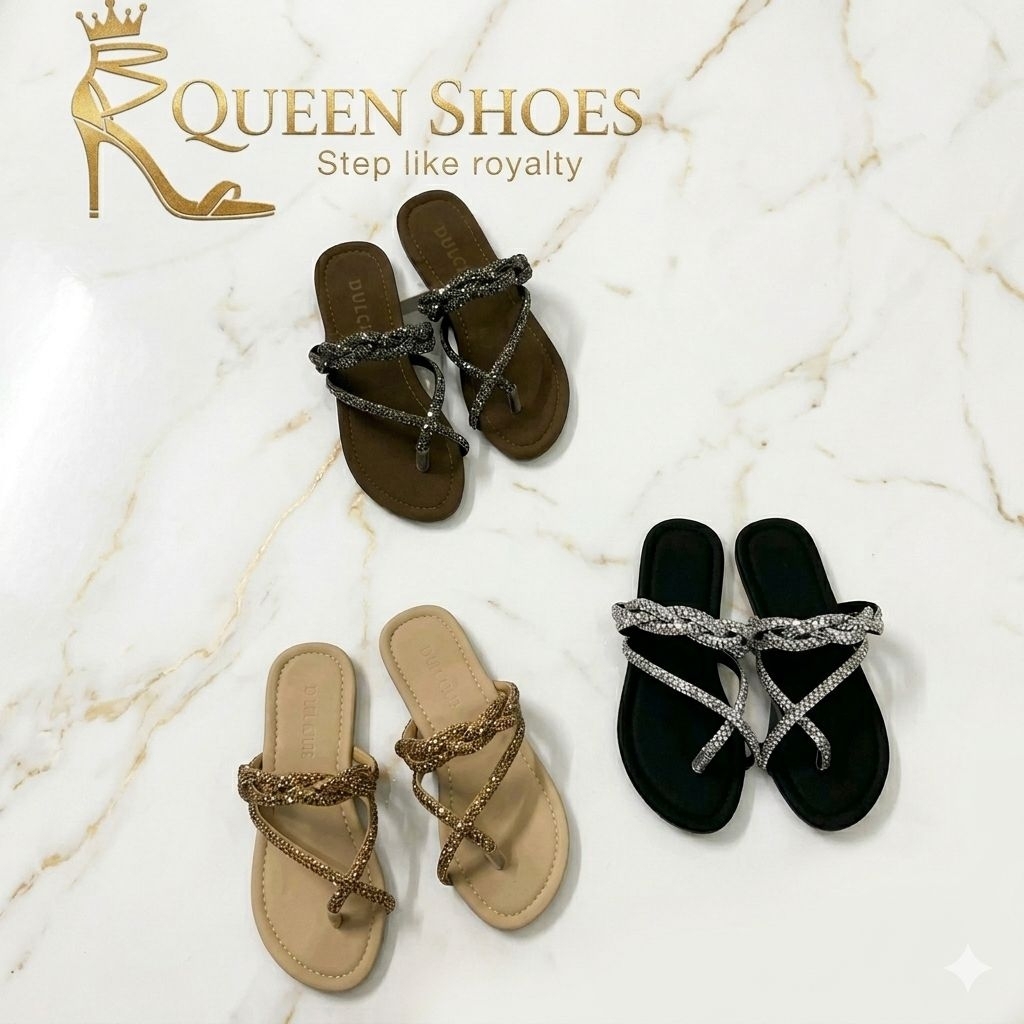 Queen shoes - Lê Nữ Mũi Tròn Xỏ Ngón 2 Dây Đá Chéo, Đế Chống Trơn Trượt.