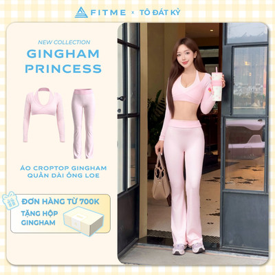 Bộ đồ tập gym pilates yoga nữ Fitme SL áo croptop Starlet hồng pastel phối quần ống loe Divine tôn dáng mềm mại