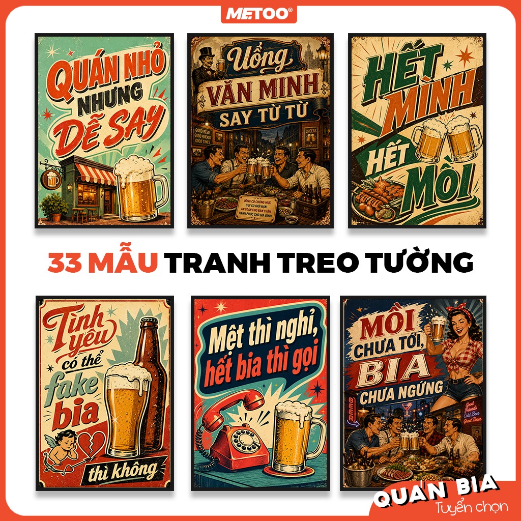 Bộ 2 - Tranh quán bia, tranh câu nói uống bia trang trí quán nhậu có khung METOO