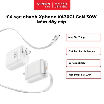 Củ sạc nhanh Xphone XA30C1 GaN 30W Chính hãng | Kèm cáp dây rút C | Thiết kế nhỏ gọn, tiện lợi