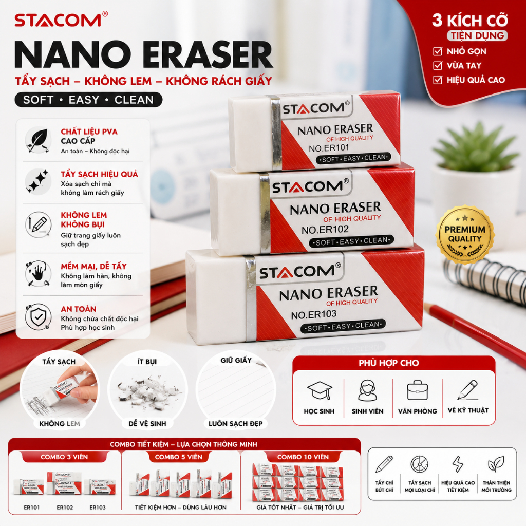 Combo 3 gôm tẩy NANO, chất liệu PVA siêu sạch, nhiều kích cỡ, tiện dụng dành cho học sinh Stacom ER101, ER102, ER103
