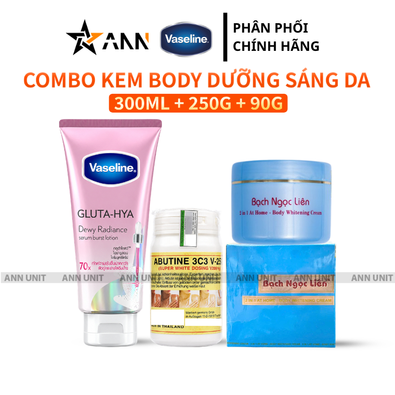 [Chính Hãng] Combo Kem Body Bạch Ngọc Liên Xanh + Kích V250 + Vaseline Gluta Hya 70x Hồng