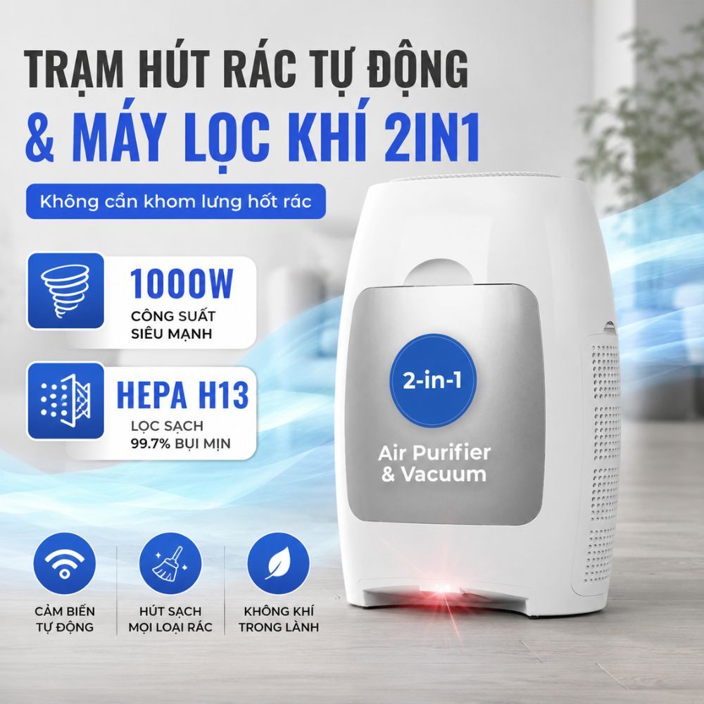 Trạm Hút Rác Quét Nhà Tự Động Kachi MK888: Tích Hợp Máy Lọc Không Khí, Hút Lông Thú Cưng & Hút Tóc C