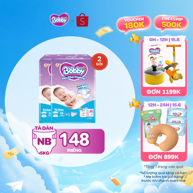 Combo 2 tã dán sơ sinh Bobby NB70/S54/M46 mới- Lõi nén cotton-soft 3mm