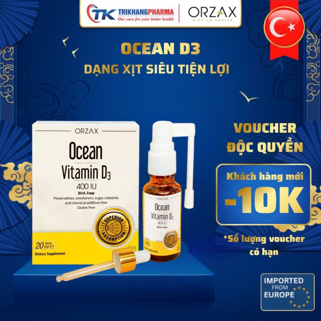 Xịt Vitamin D3 Ocean Orzax Lọ 20ml hỗ trợ phát triển chiều cao tăng sức đề kháng cho bé nhập khẩu ch