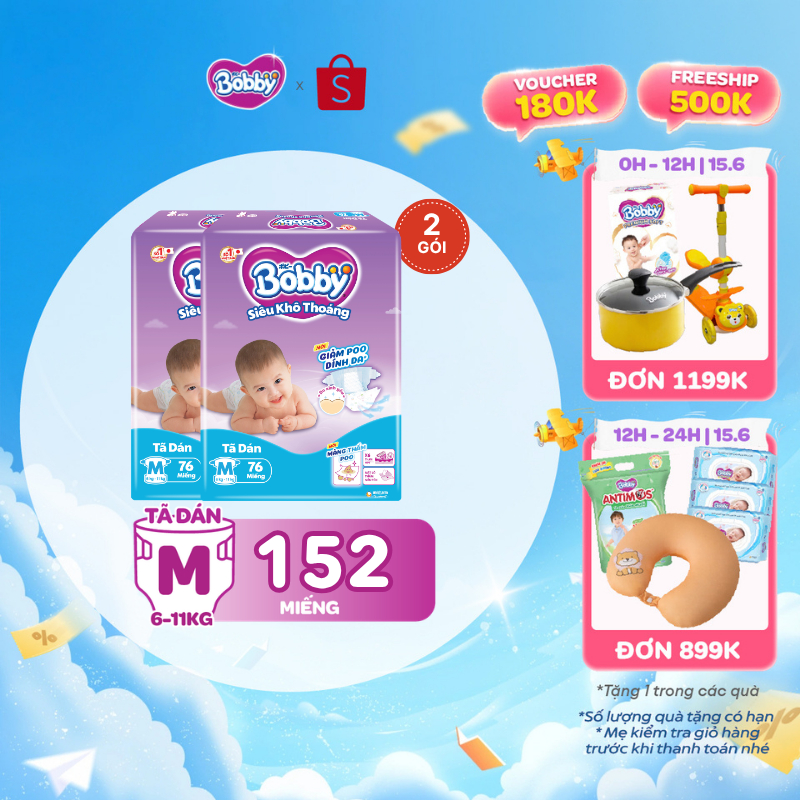 Combo 2 tã dán Bobby S80/M76/L68/XL62/XXL56 mới- Lõi nén cotton-soft 3mm
