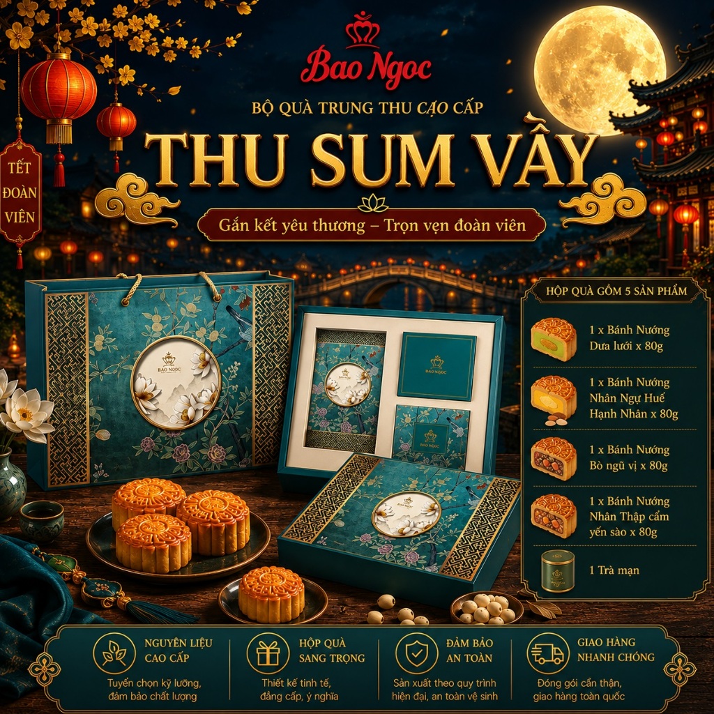 Hộp Bánh Trung Thu Bảo Ngọc Bộ Thu Sum Vầy Set 4 Bánh 80g và 1 Trà Mạn