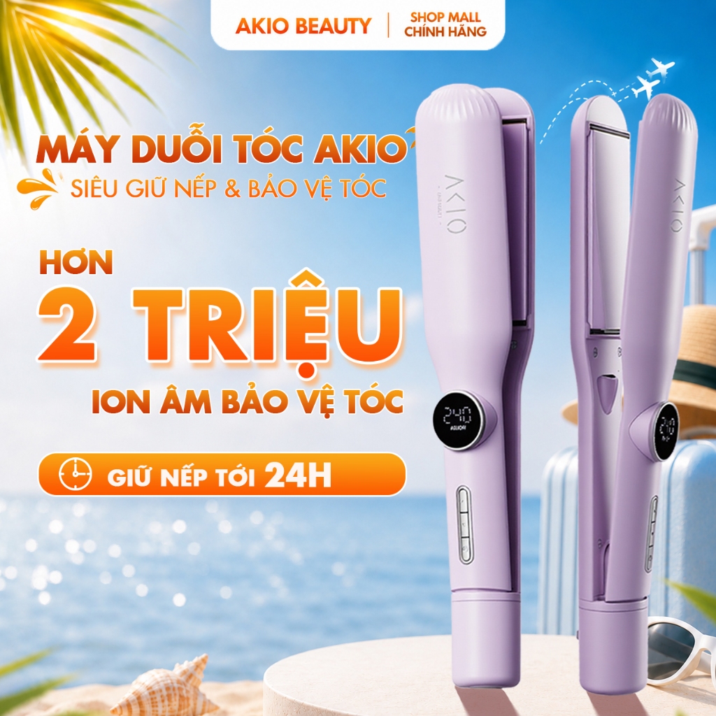 Máy duỗi ép thẳng tóc bản lớn AKIO BEAUTY tạo kiểu xoăn thẳng có ion âm bảo vệ tóc tối đa