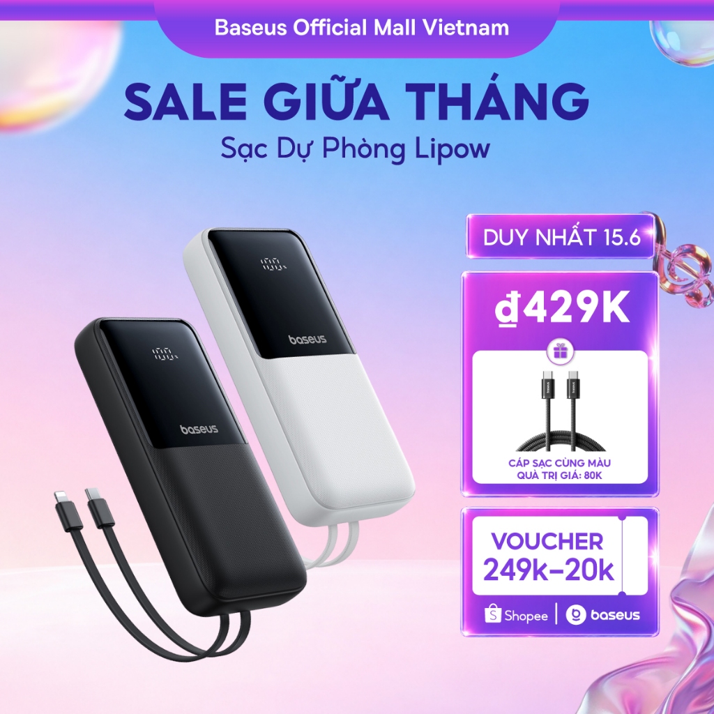 Sạc dự phòng Lipow 10000mAh & 20000mAh 22.5W/15W sạc nhanh tích hợp cáp tiện dụng