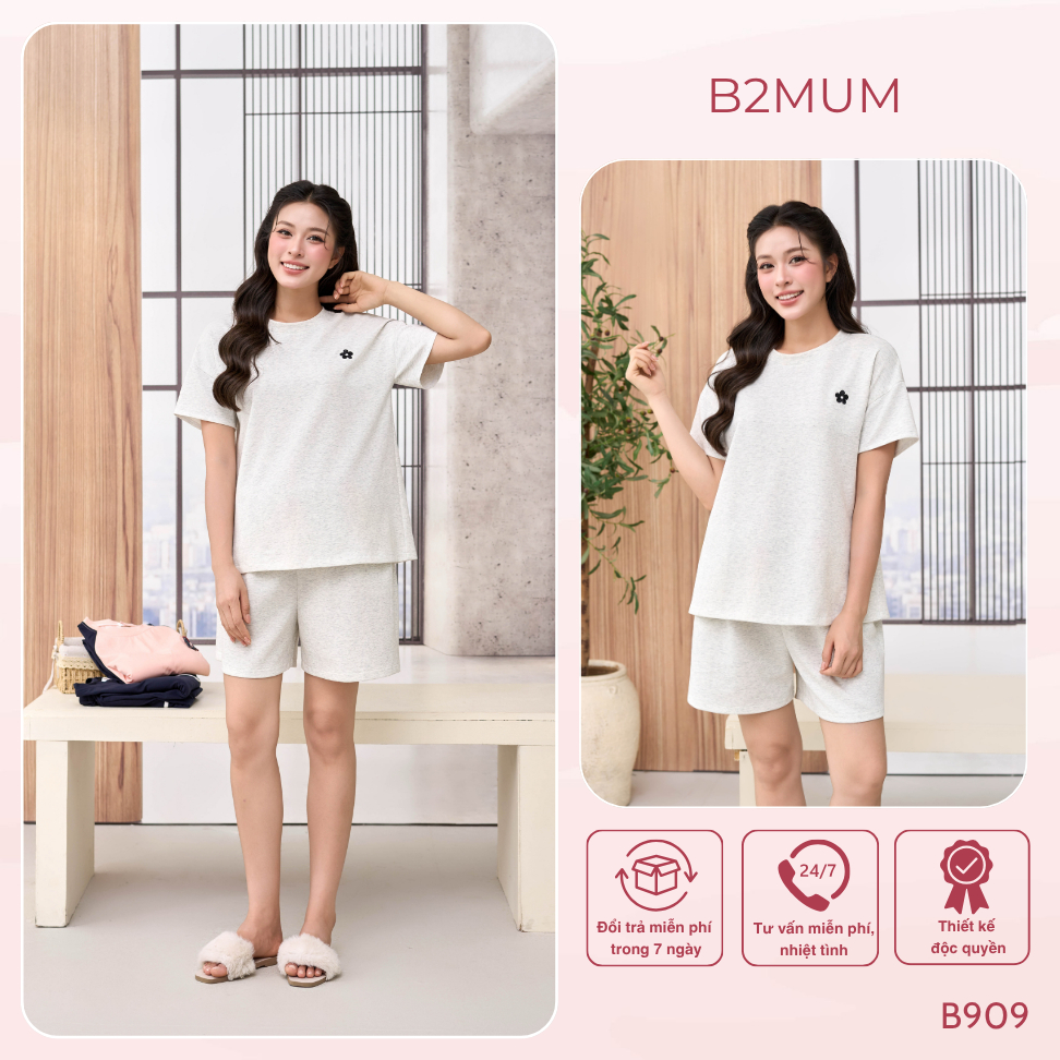 Bộ Bầu Cotton Hàn Thêu Hoa – Đồ Bộ Mặc Nhà Thoáng Mát Cho Mẹ Bầu & Sau Sinh, Quần Có Chun Chỉnh Tend